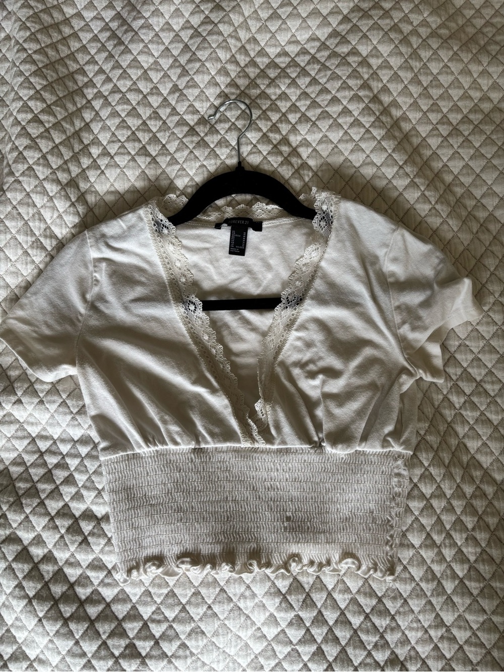 Forever 21 White Lace-Trim Smocked Crop Top